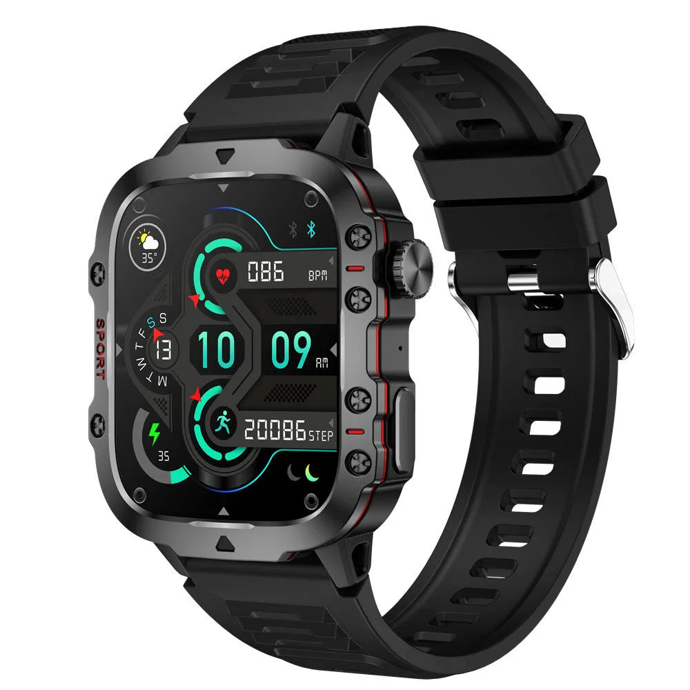 QX11 Smart Bluetooth Watch in black with a TFT touchscreen display, shown with an optional leather strap.