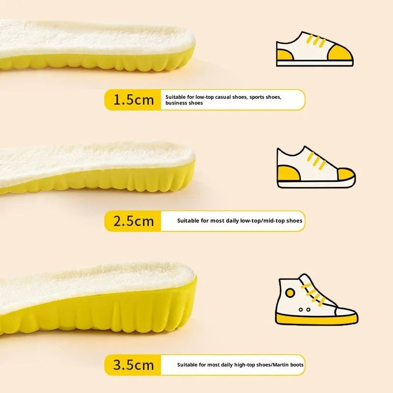 Wool fleece lined cloud height increasing insole in warm winter style, available in 1.5cm to 3.5cm heights, sizes 35-46