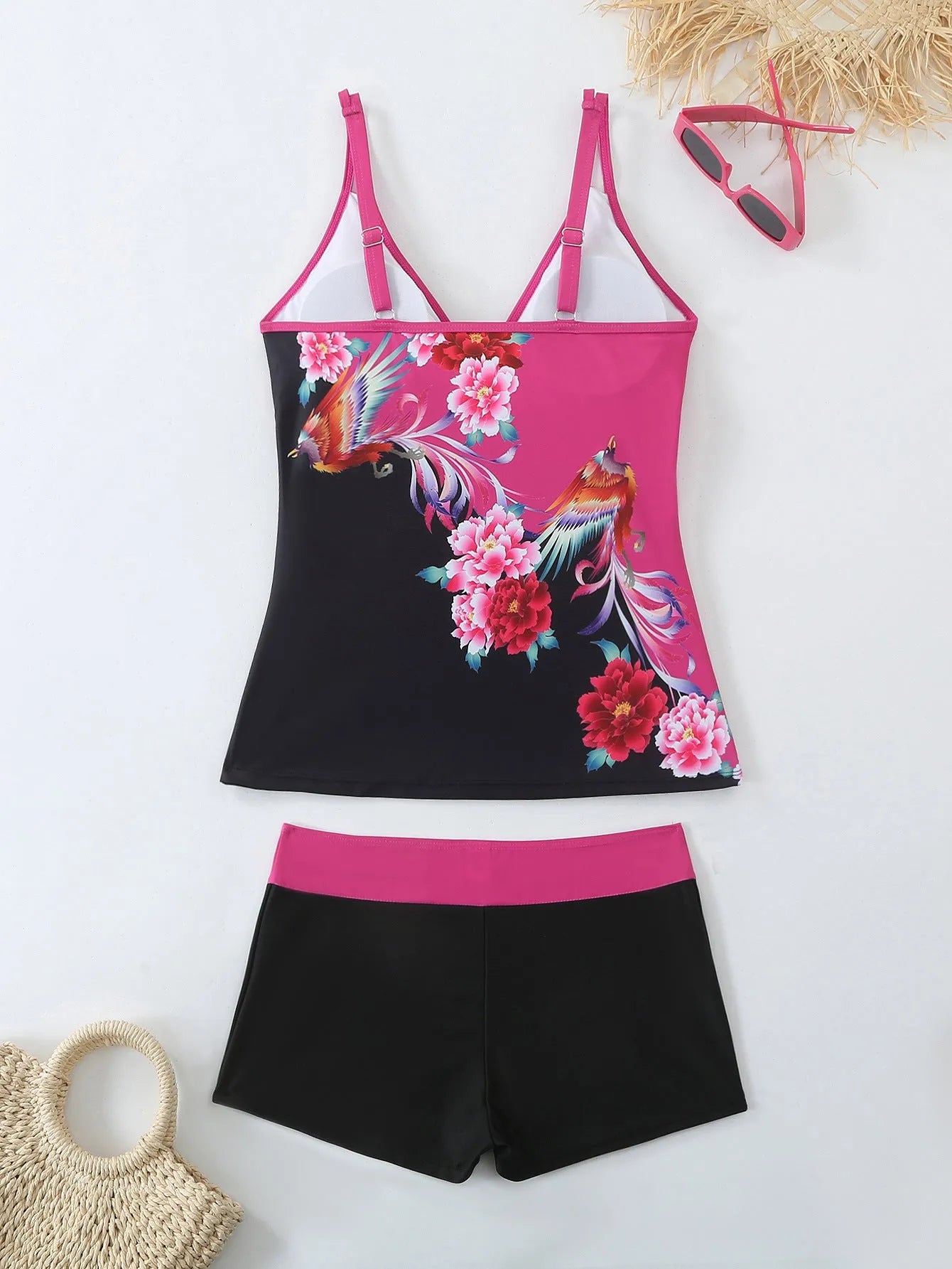 Women's black plus size brief swimsuit and swimming trunks set with a cotton lining.