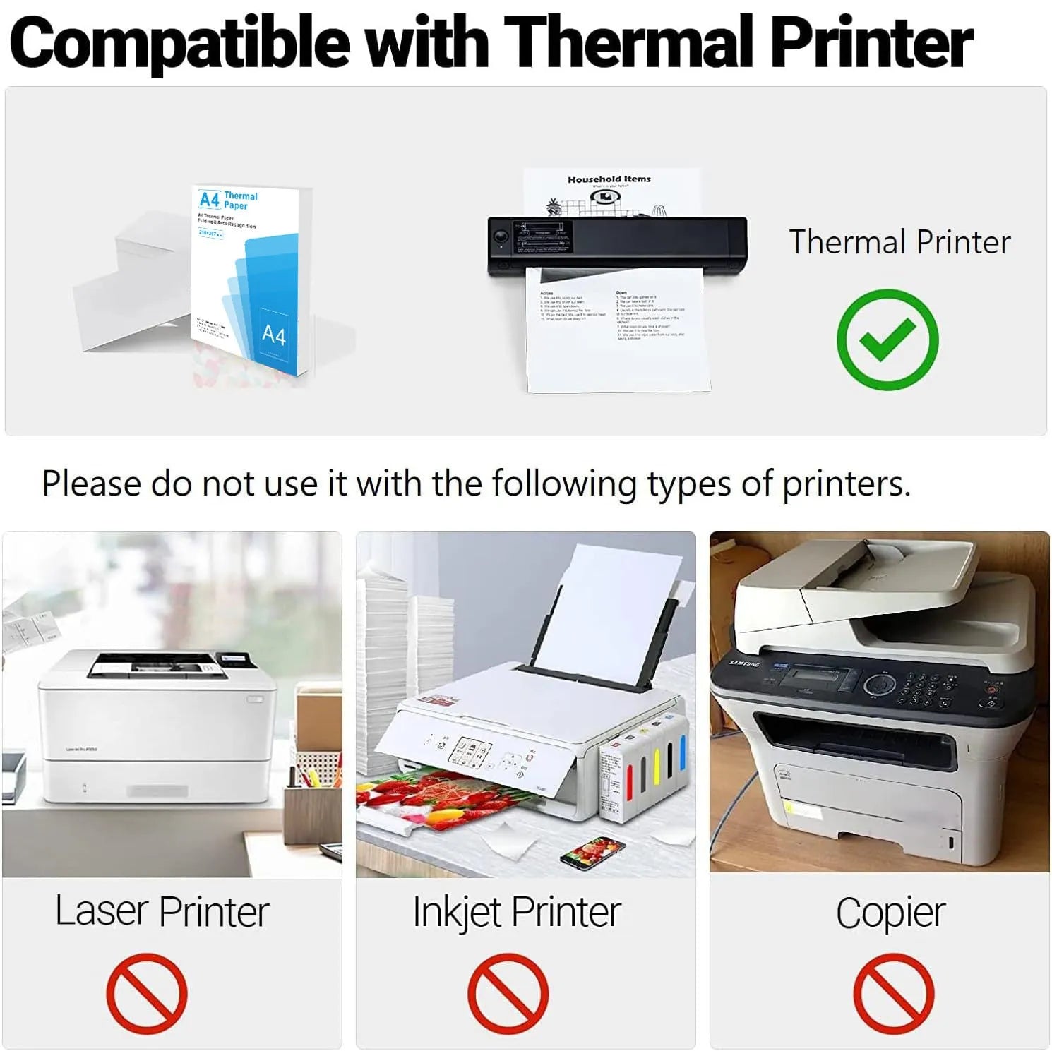 White A4 thermal paper for thermal printers in packaging showing paper size and sheet count