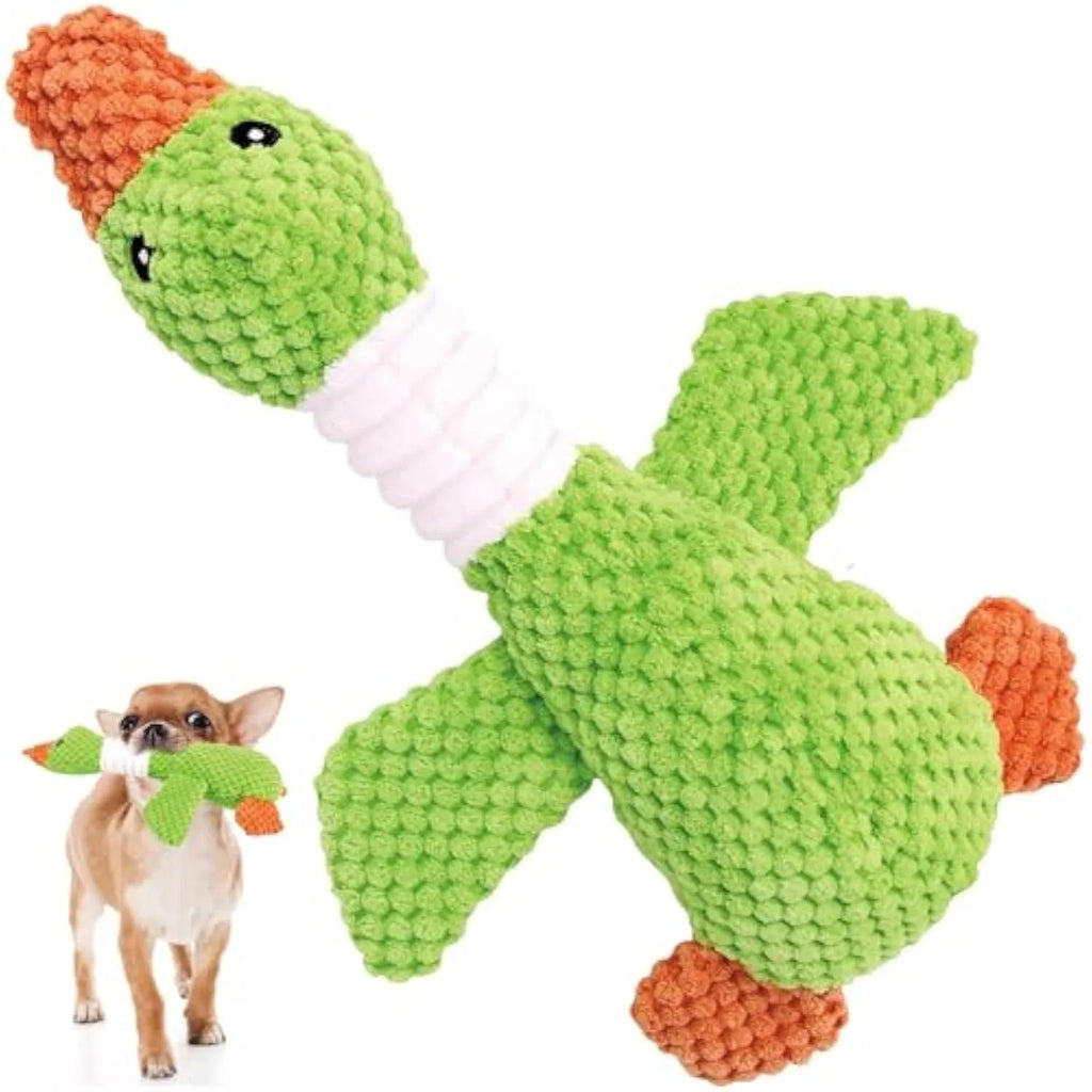 Blue duck-shaped plush dog toy with squeakers measuring 33cm long