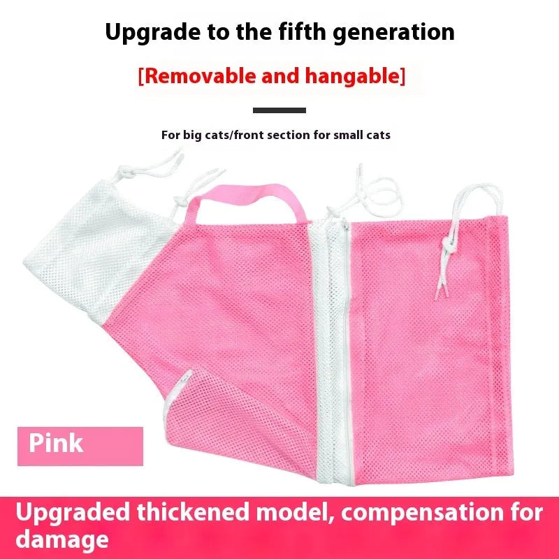 Upgraded 5th generation cat grooming bag in pink and white with integrated nail scissors.
