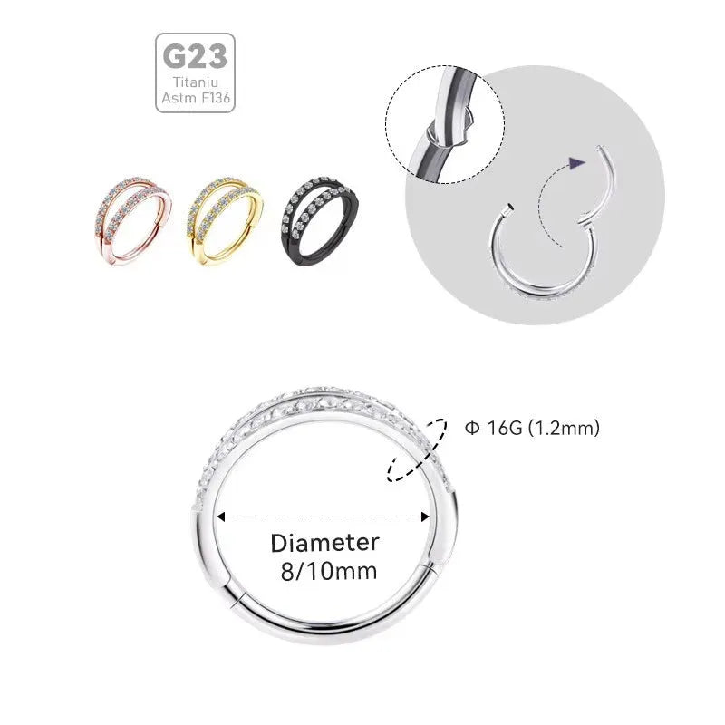 G23 titanium alloy lip ring nose ring with diamond treatment in steel or gold colour, showing puncture ring design