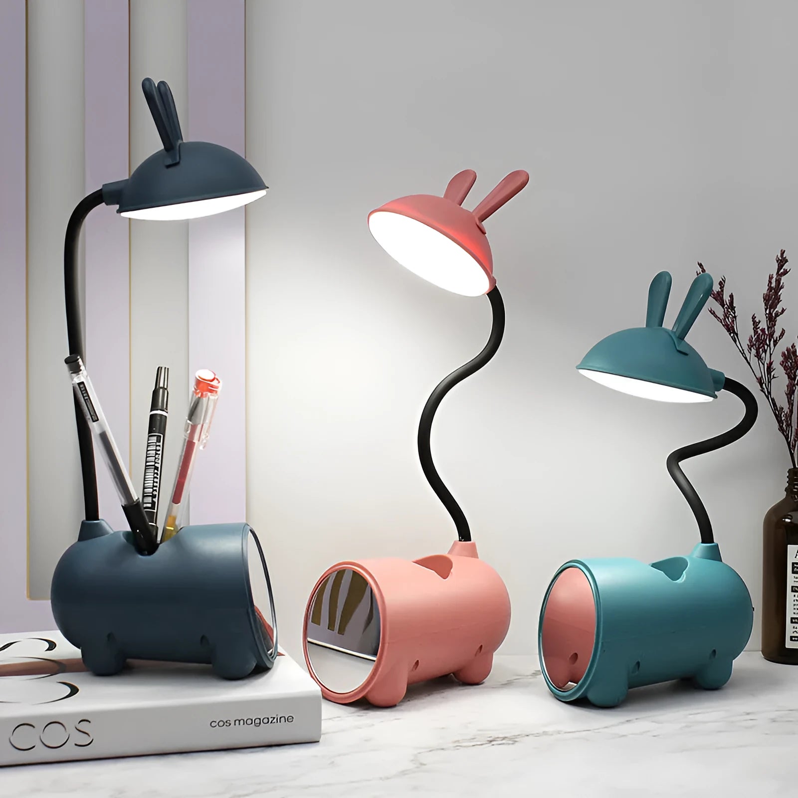 Cartoon-style USB desk lamp with pen container in green, dark blue or pink colour options