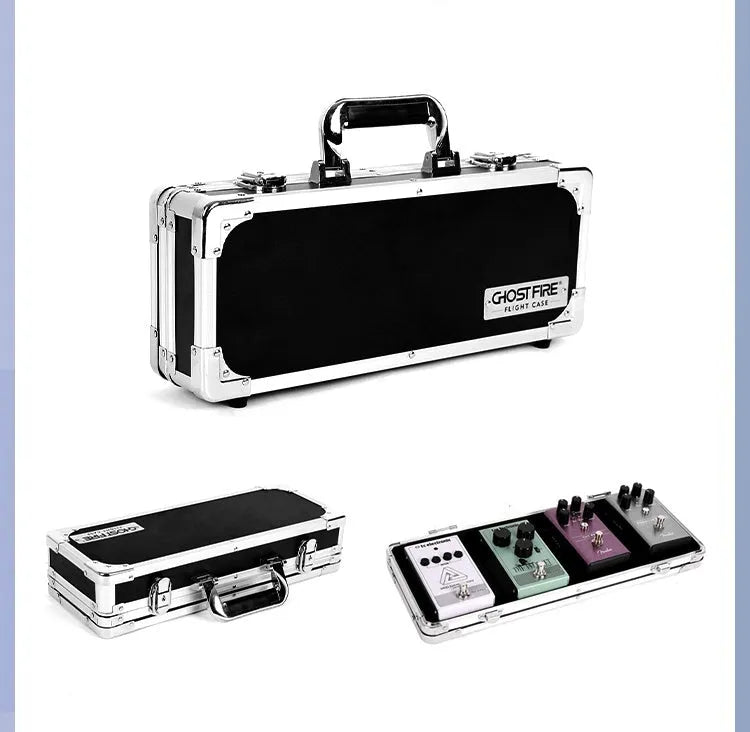 Black aluminium flight case for single guitar effect pedal with removable lid and reinforced corners