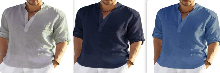 Men's light blue cotton linen stand collar long sleeve casual shirt buttoned down