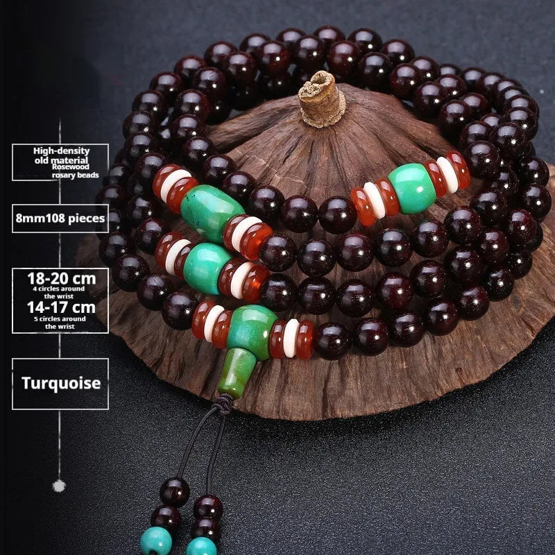 Men's traditional rosewood bracelet with 108 beads, showing lapis lazuli and turquoise accent styles.