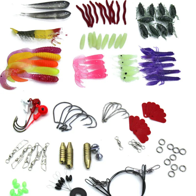 132-piece fishing lure set with full swimming layer lures, soft baits, and hooks in compact case