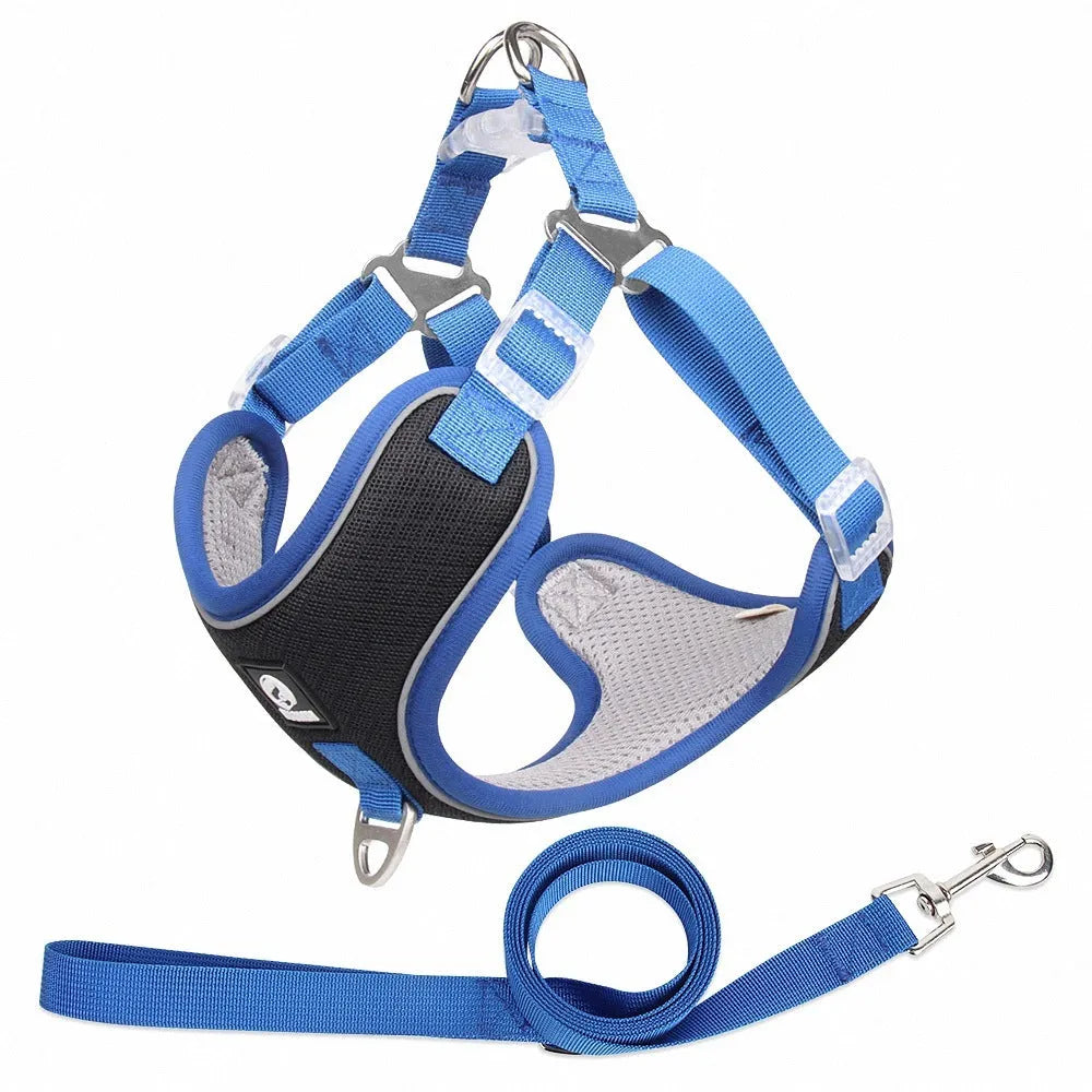 Breathable mesh dog harness with reflective piping in black, red, gray, or light purple for small medium pets