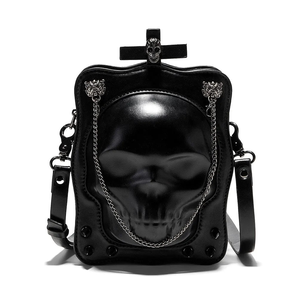 Black Gothic mini square messenger bag with embossed skull design, metal rivets, and a chain strap.