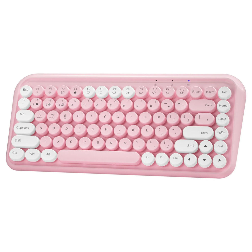 Pink portable Bluetooth keyboard with 84 keys and wireless connectivity