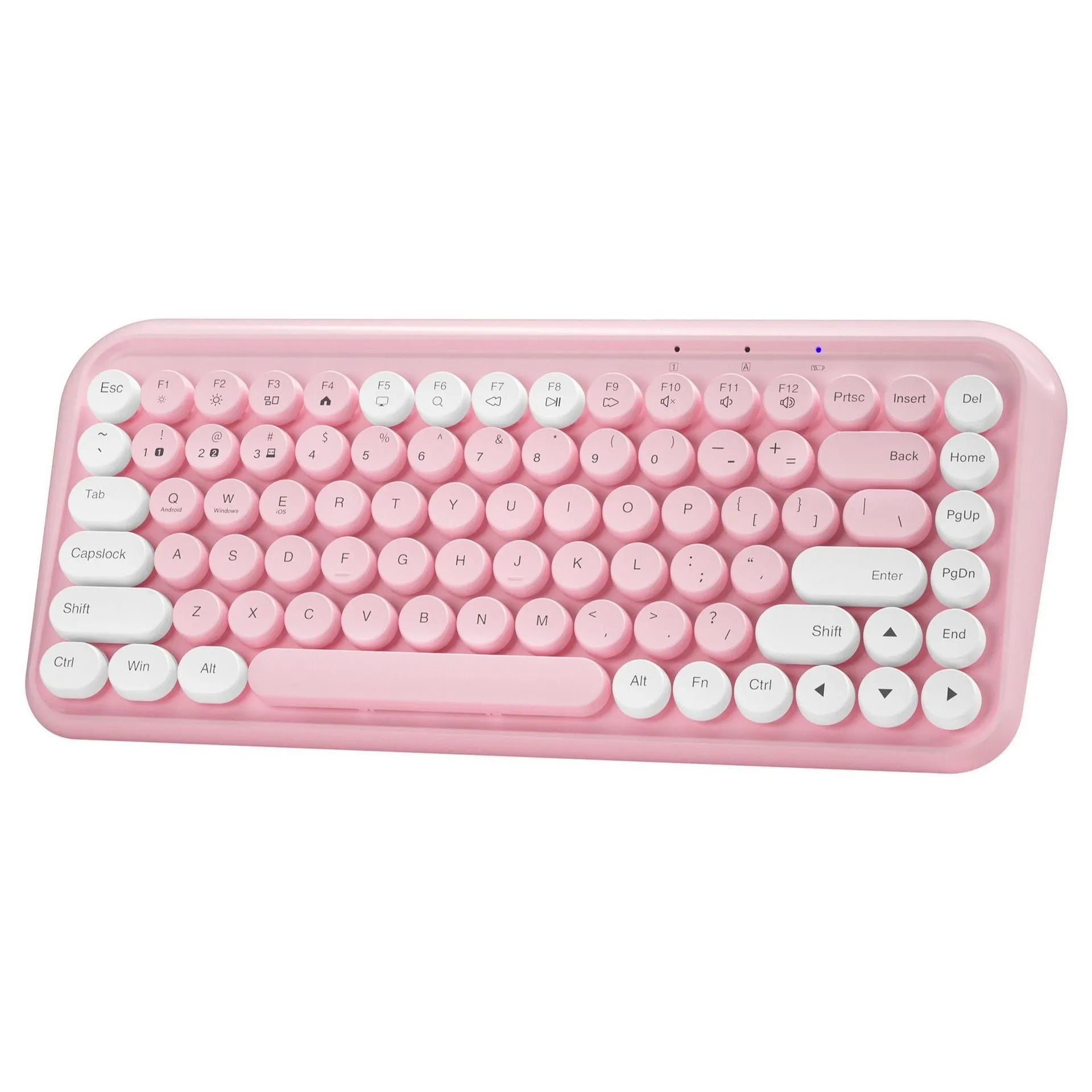 Pink portable Bluetooth keyboard with 84 keys and wireless connectivity