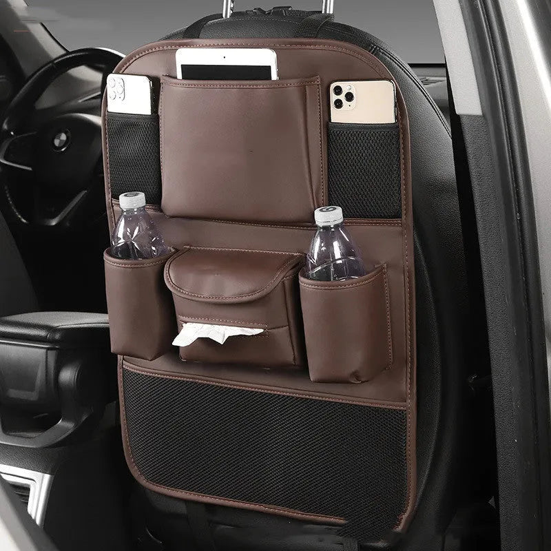 Leather car seat back storage bag shown in one of four colour options: black, grey, green, or brown.