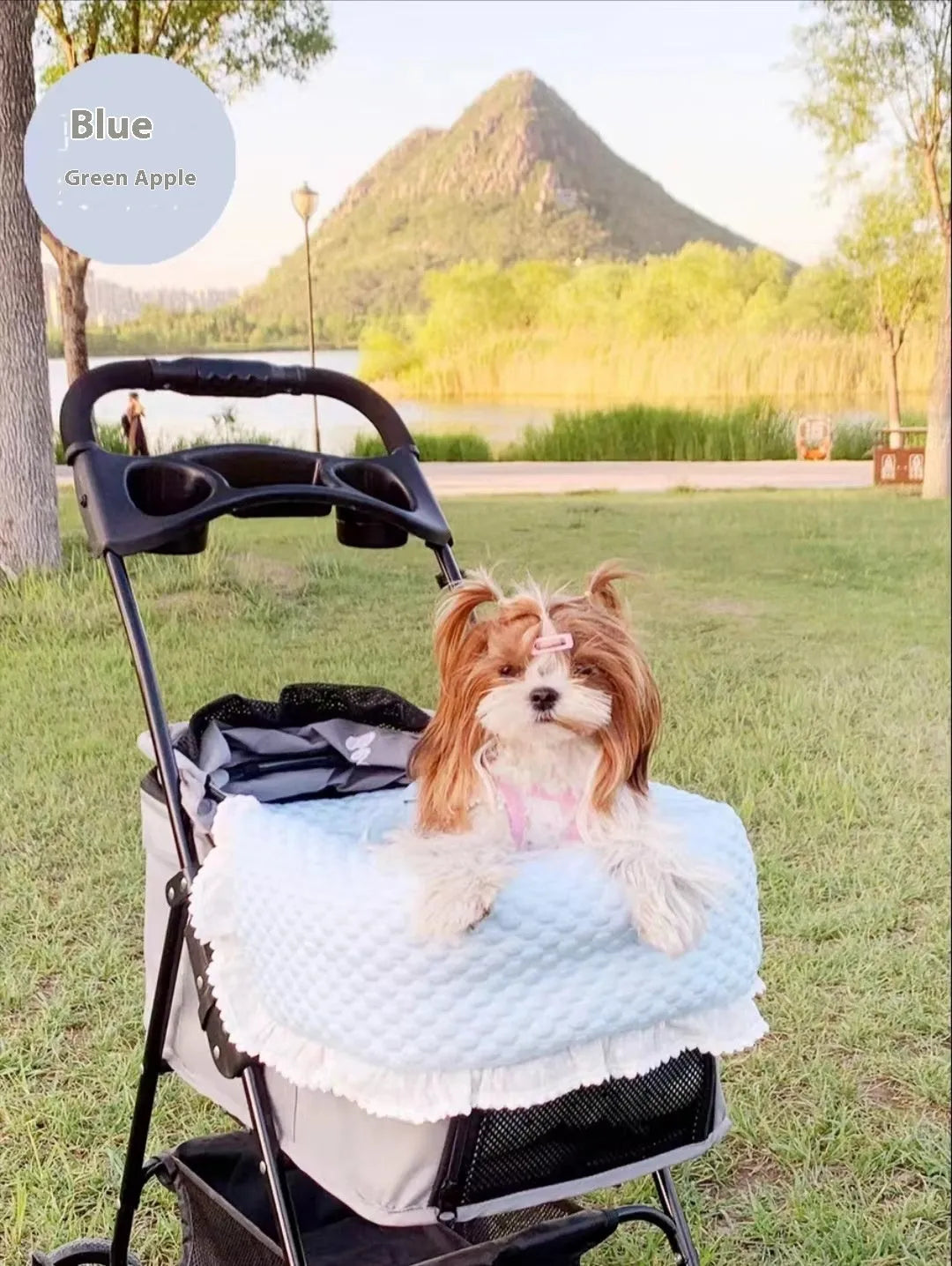 Pet stroller three-piece set showing removable towel, cushion and pillow in floral pattern