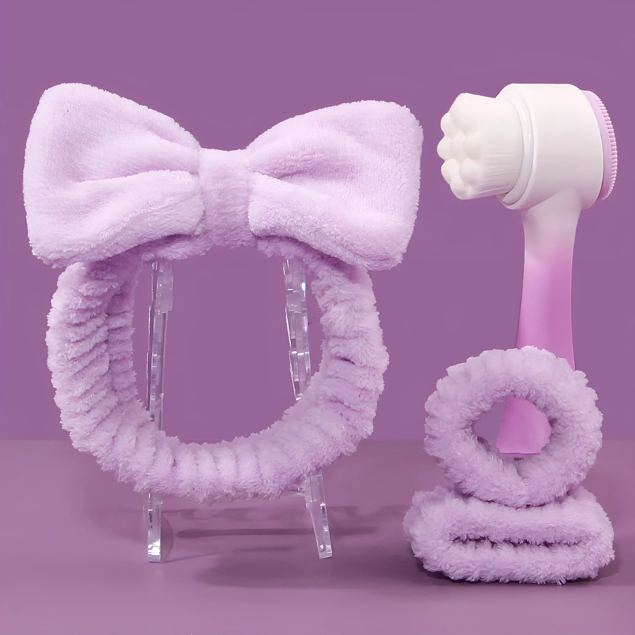 Facial brush set with coral fleece hairband in multiple colour options including purple, grey, white, and pink