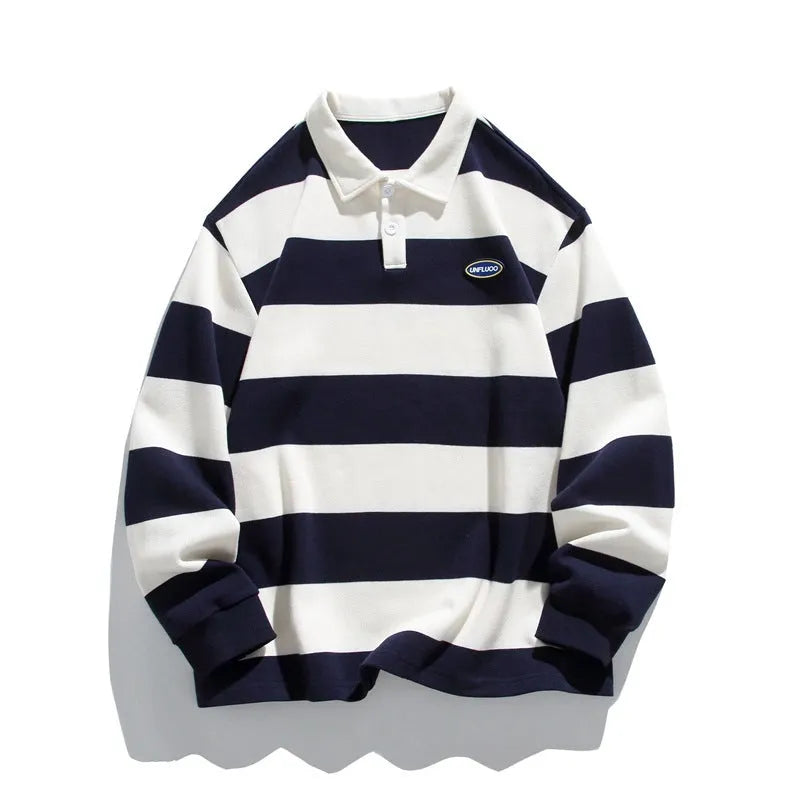 Striped pearl cotton polo shirt with lapel collar in loose fit for autumn wear