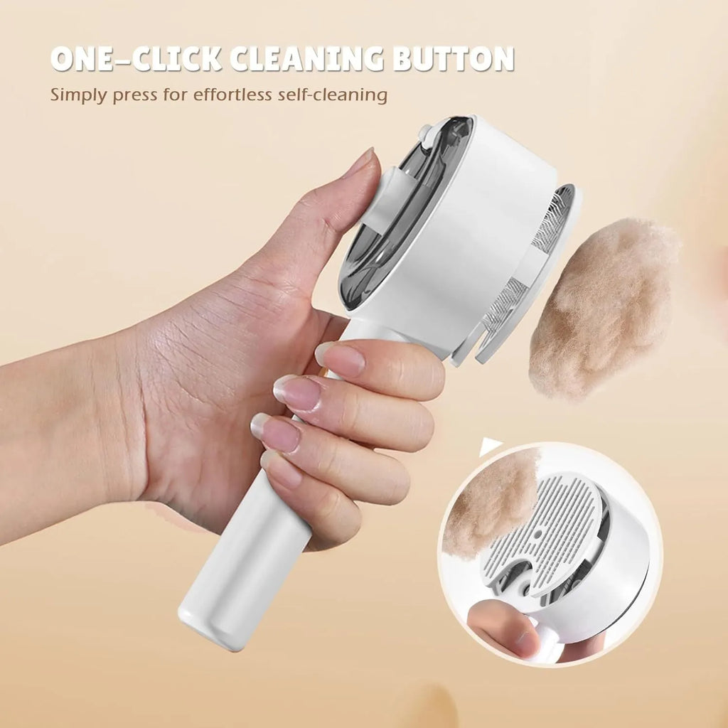 Pink and white cat steam brush with transparent water tank and rounded comb head