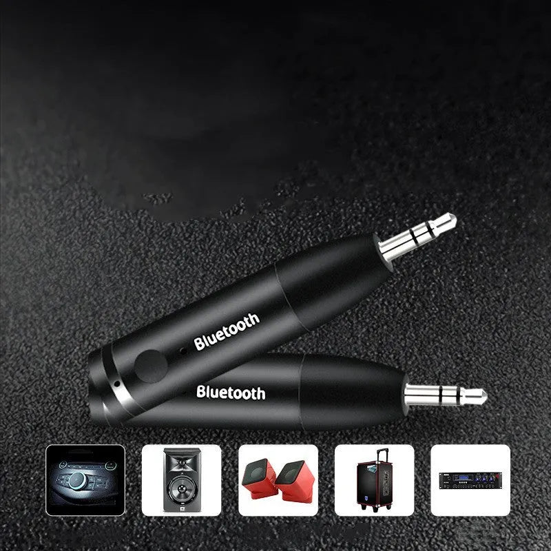 Black AUX Bluetooth 5.0 audio receiver for car stereo with USB charging cable