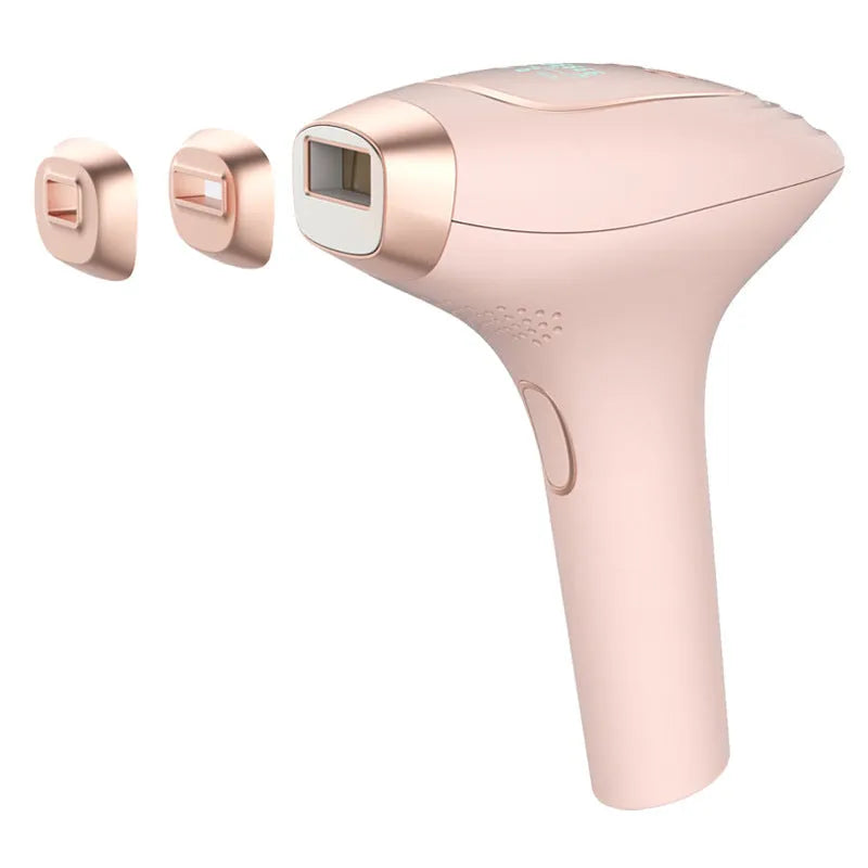 Pink and white three-in-one ice-sensing laser hair removal device with shaver attachment and accessories