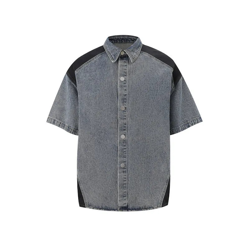 Retro washed denim short-sleeve jacket and trouser suit in black or blue set