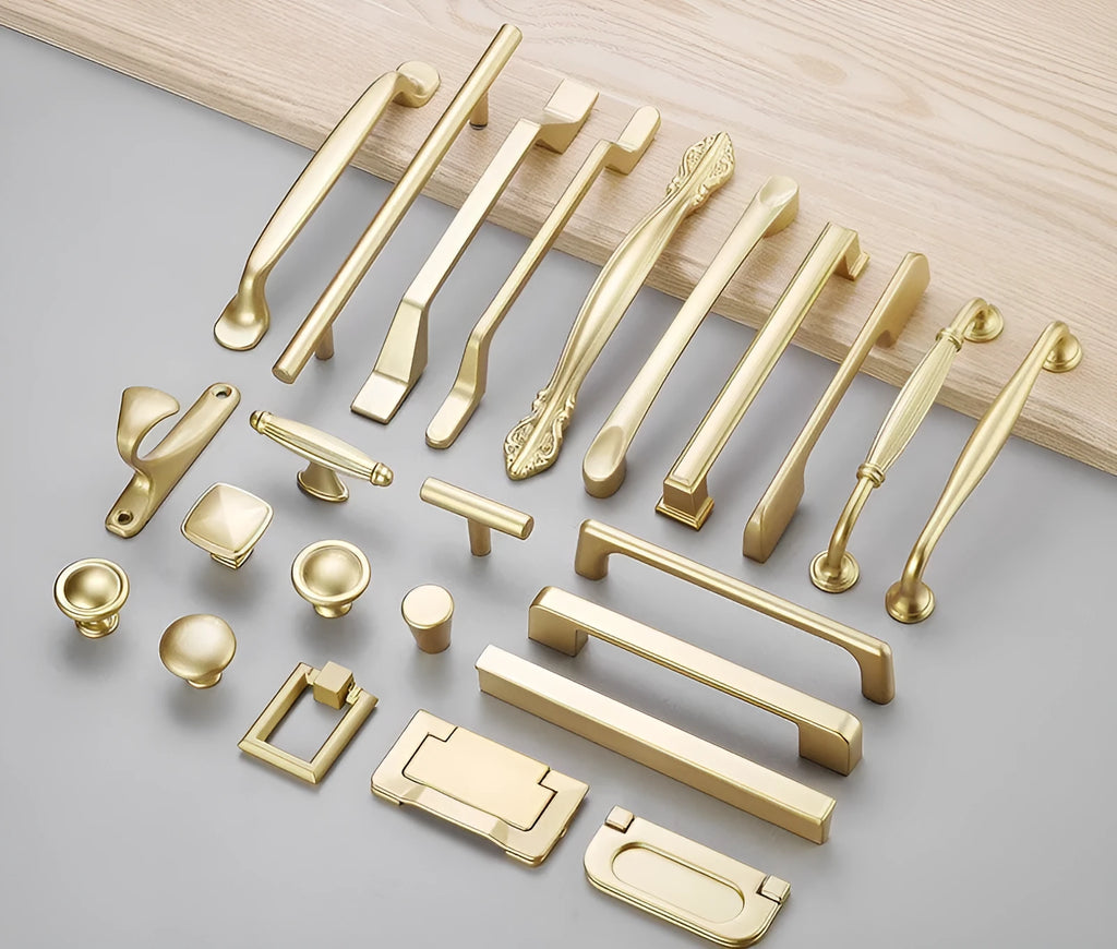 Gold single-hole cabinet handle with T-shape design for drawers and cabinets