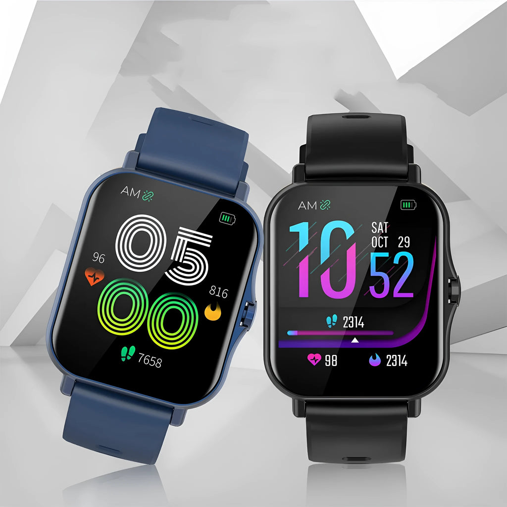 W10 smartwatch showing heart rate and blood pressure monitoring on 1.75 inch curved touch screen with wristband