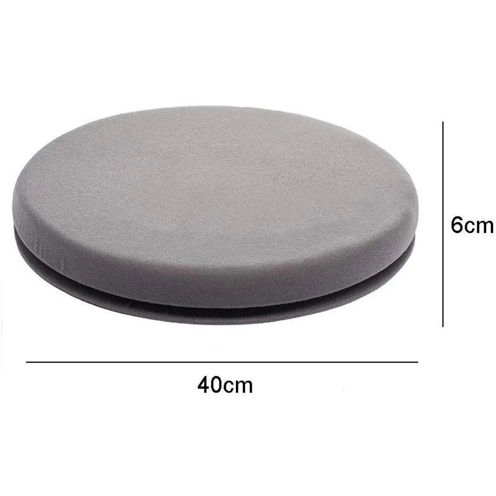 Car seat cushion with grey plush cloth cover, shown rotating on a car seat, highlighting its non-slip base.