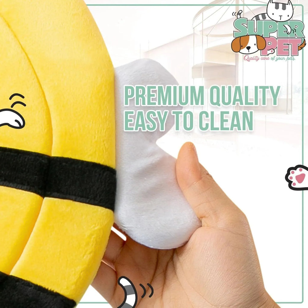 Soft bee-shaped cat cone collar with Velcro closure shown in adjustable sizing