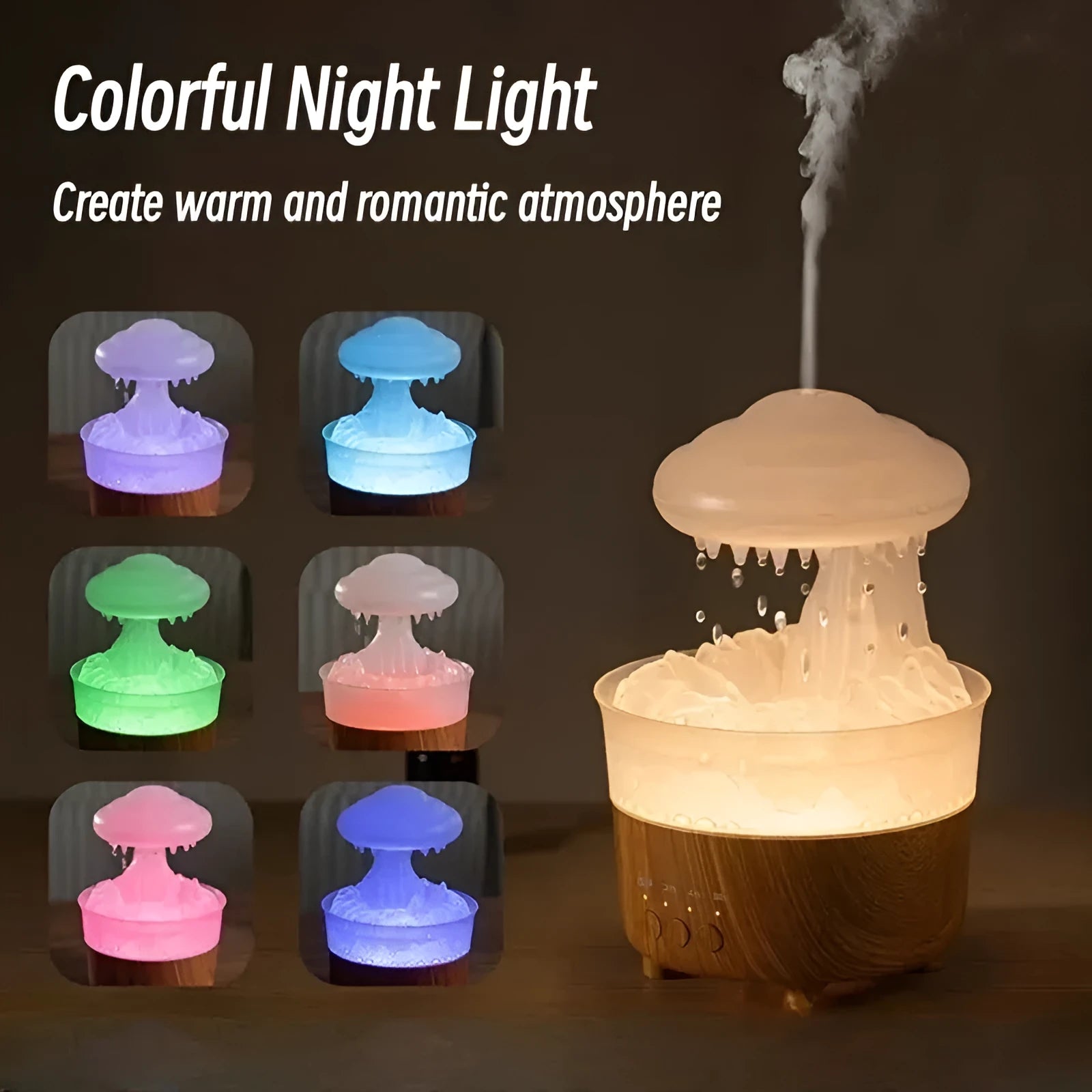 Wood grain cloud humidifier with LED lights emitting mist and water drops