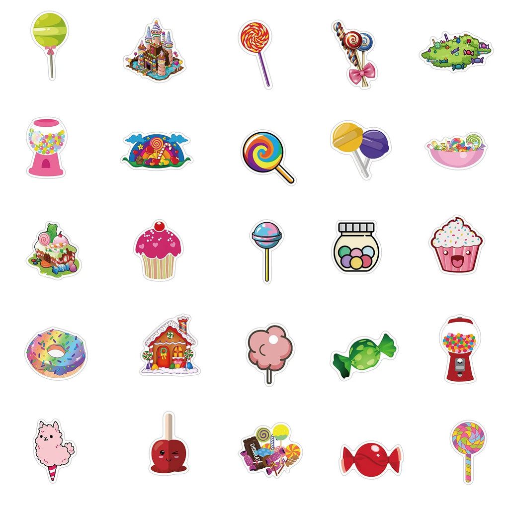 Fifty colourful candy graffiti adhesive stickers with cartoon and cute patterns measuring 4-6cm