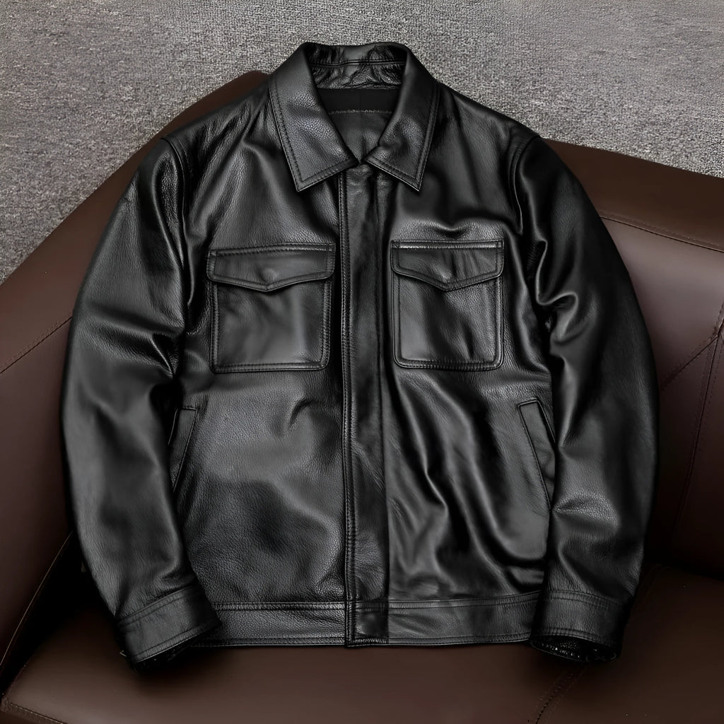 Plus size men's lapel short leather jacket in black or brown with side seam pockets
