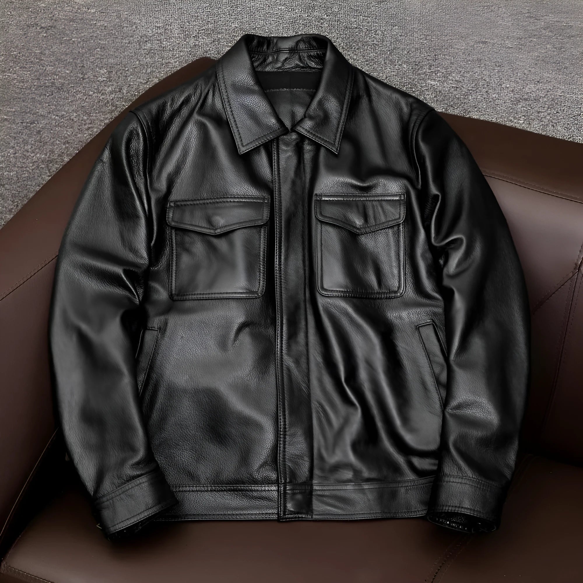 Plus size men's lapel short leather jacket in black or brown with side seam pockets