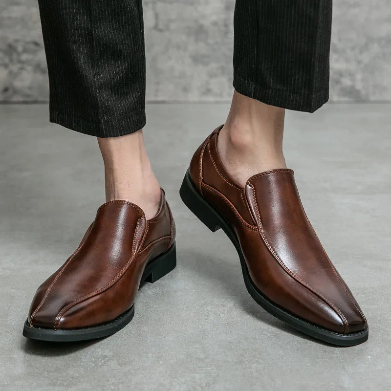 Men's black pointed toe patent leather-style shoes with totem detailing on artificial PU upper