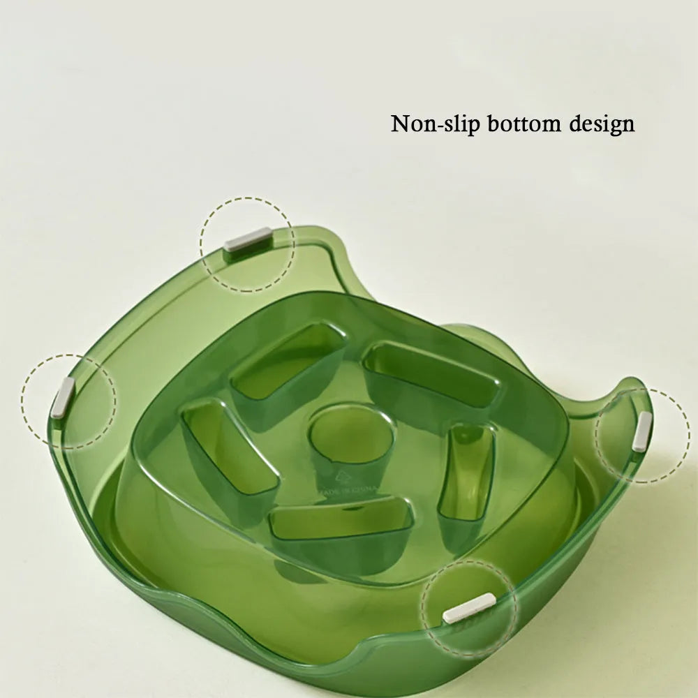 Blue plastic slow feeder dog bowl with anti-choking design on a white background