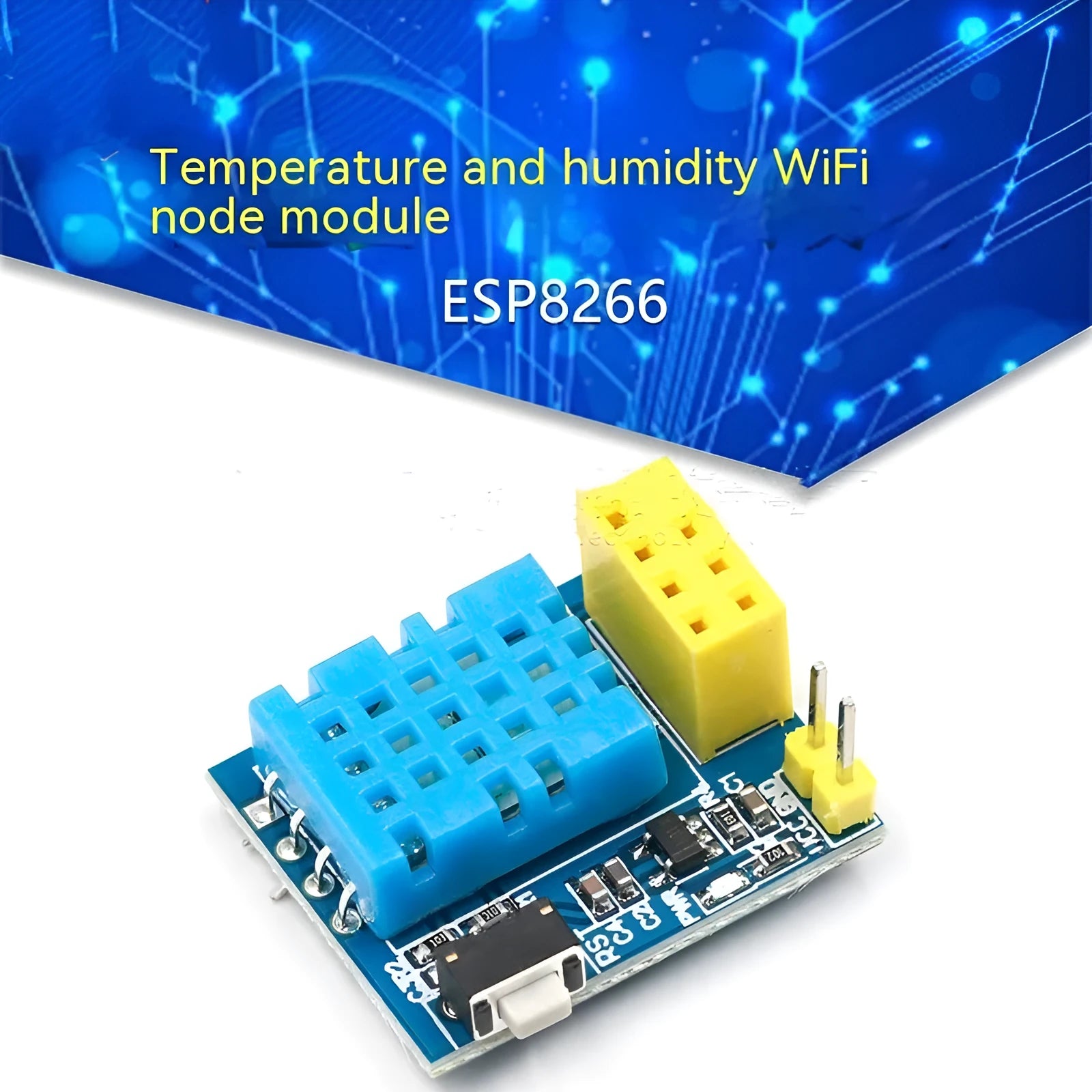 Compact DHT11 temperature and humidity WiFi node module on a white background.