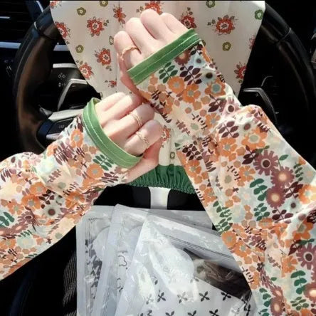 Printed ice silk UV protection oversleeves in floral fireworks leaf patterns with free size fit