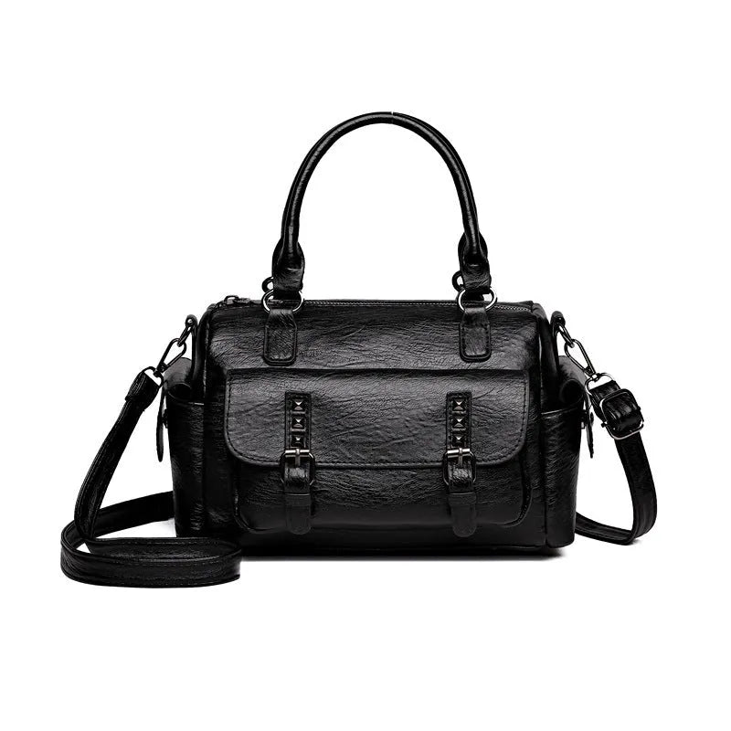Vintage-style large square messenger bag in PU leather with contrast stitching.