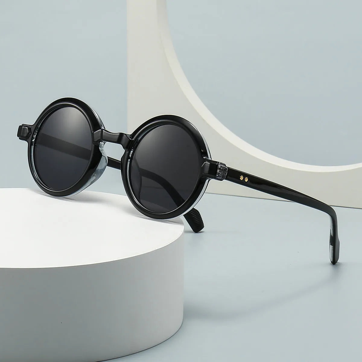 European American retro artistic round sunglasses C2 Black Frame Double Gray plastic full frame UV400 protection