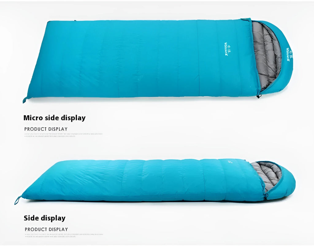 Black outdoor adult sleeping bag with envelope structure and white goose down filler.