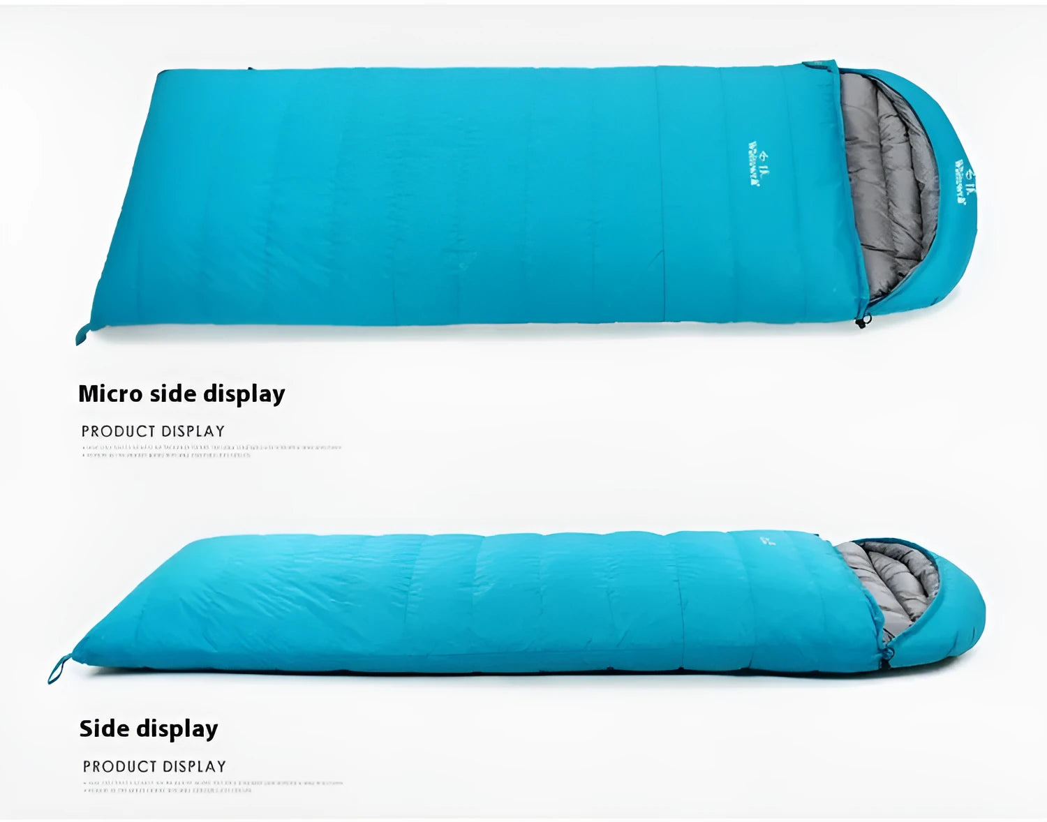 Black outdoor adult sleeping bag with envelope structure and white goose down filler.