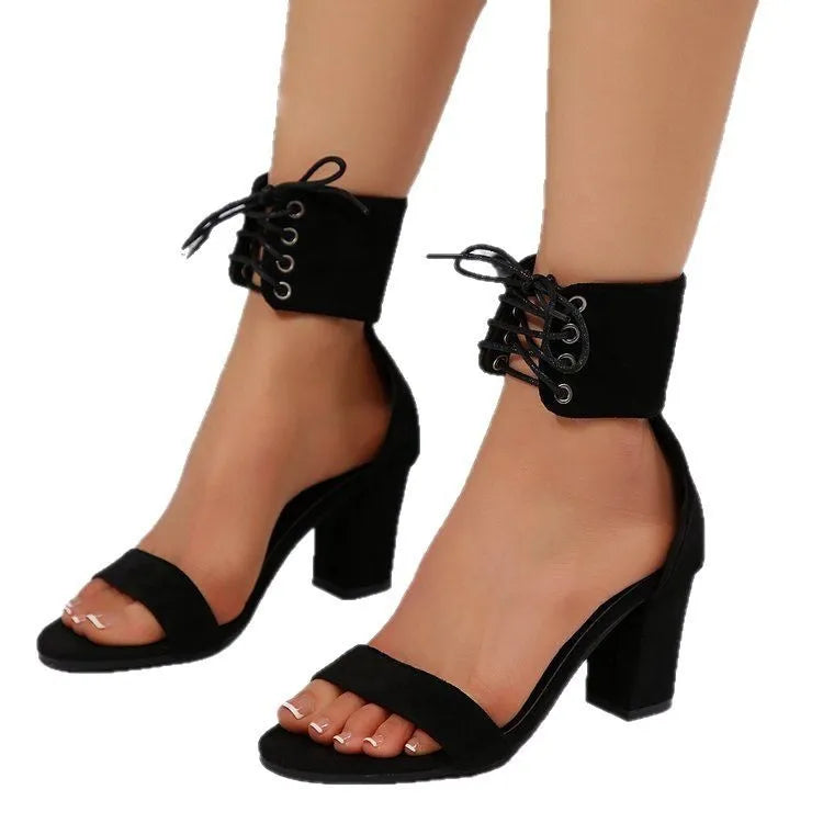 Retro black open-toe high heel strap sandals for women with front lace-up and pointed toe