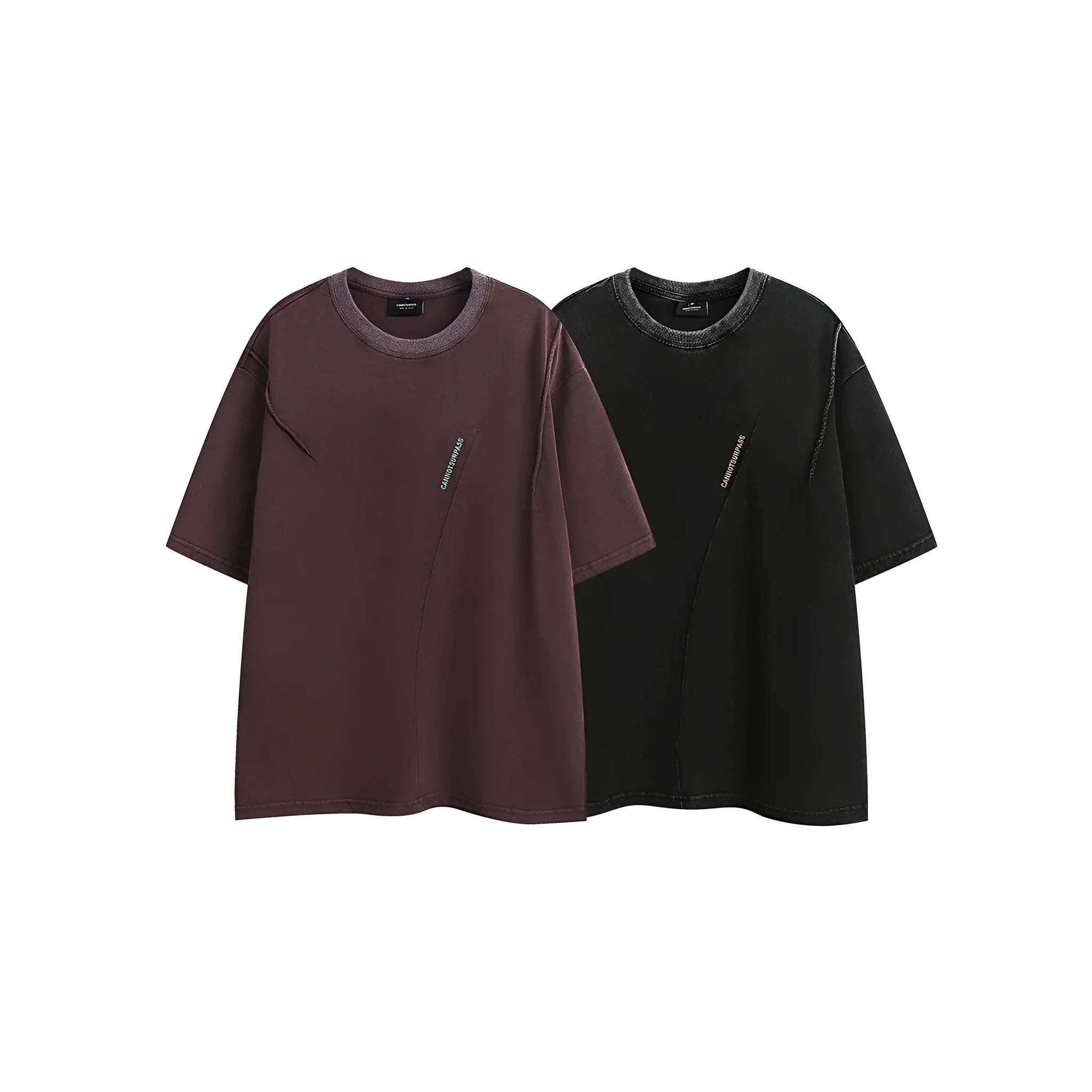 Men's loose-fit short-sleeve cotton t-shirt in vintage washed style with embroidery, in black or purple.