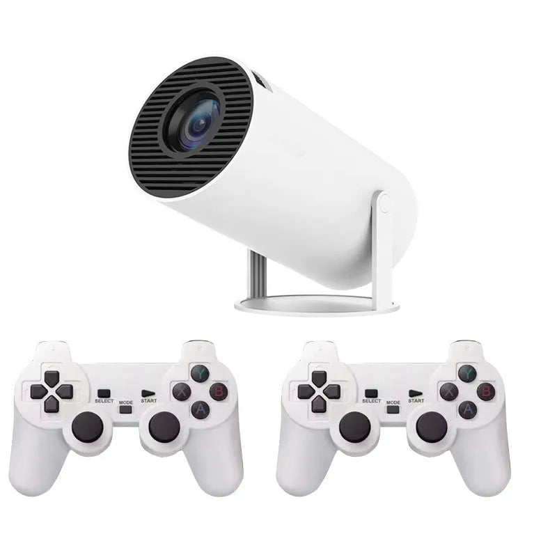 White X10 PLUS portable projection game machine with remote control and gamepad on wooden surface