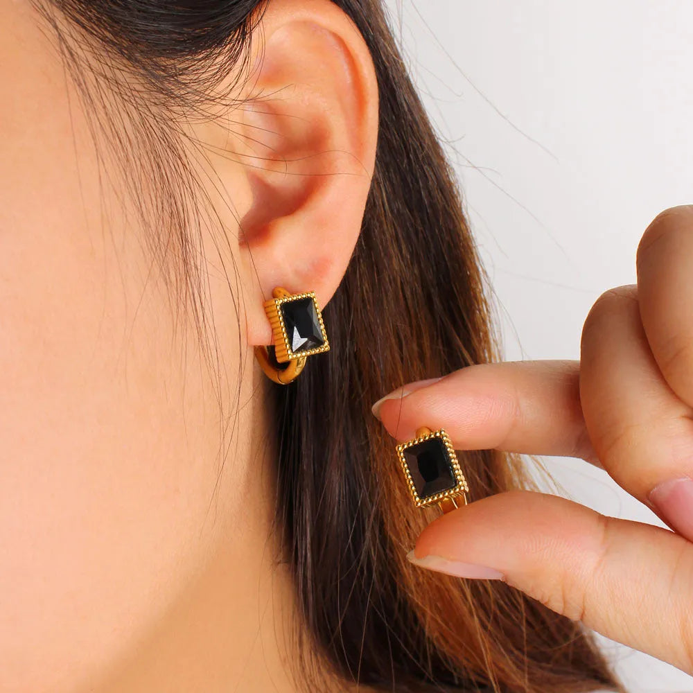 Square geometric earrings with zircon accents in stainless steel