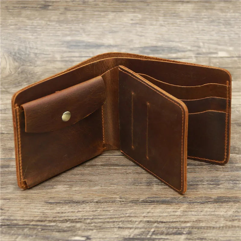Men crazy horse leather money card wallet, retro red brown, 11.5cm long, horizontal design