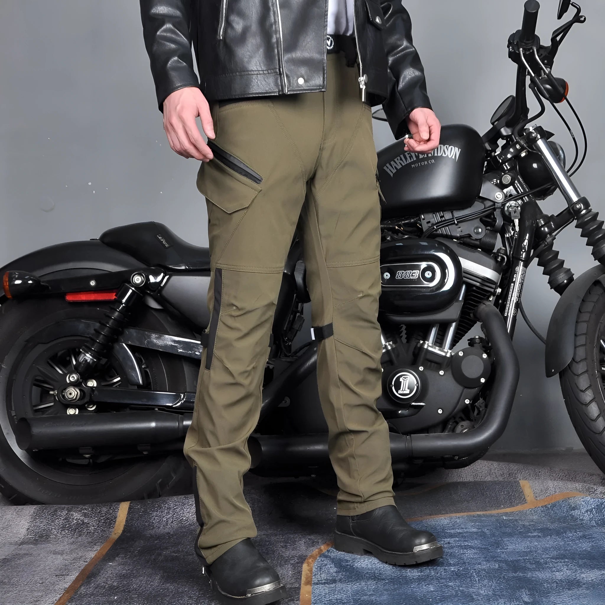 Men's waterproof motorcycle cycling trousers in black or green with belt and protective gear