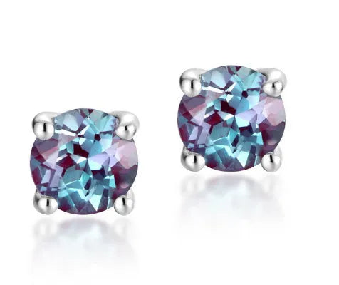 Simple geometric stud earrings with a round cultivate alexandrite stone on a 925 silver post.
