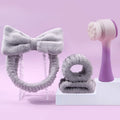 Facial brush set with coral fleece hairband in multiple colour options including purple, grey, white, and pink