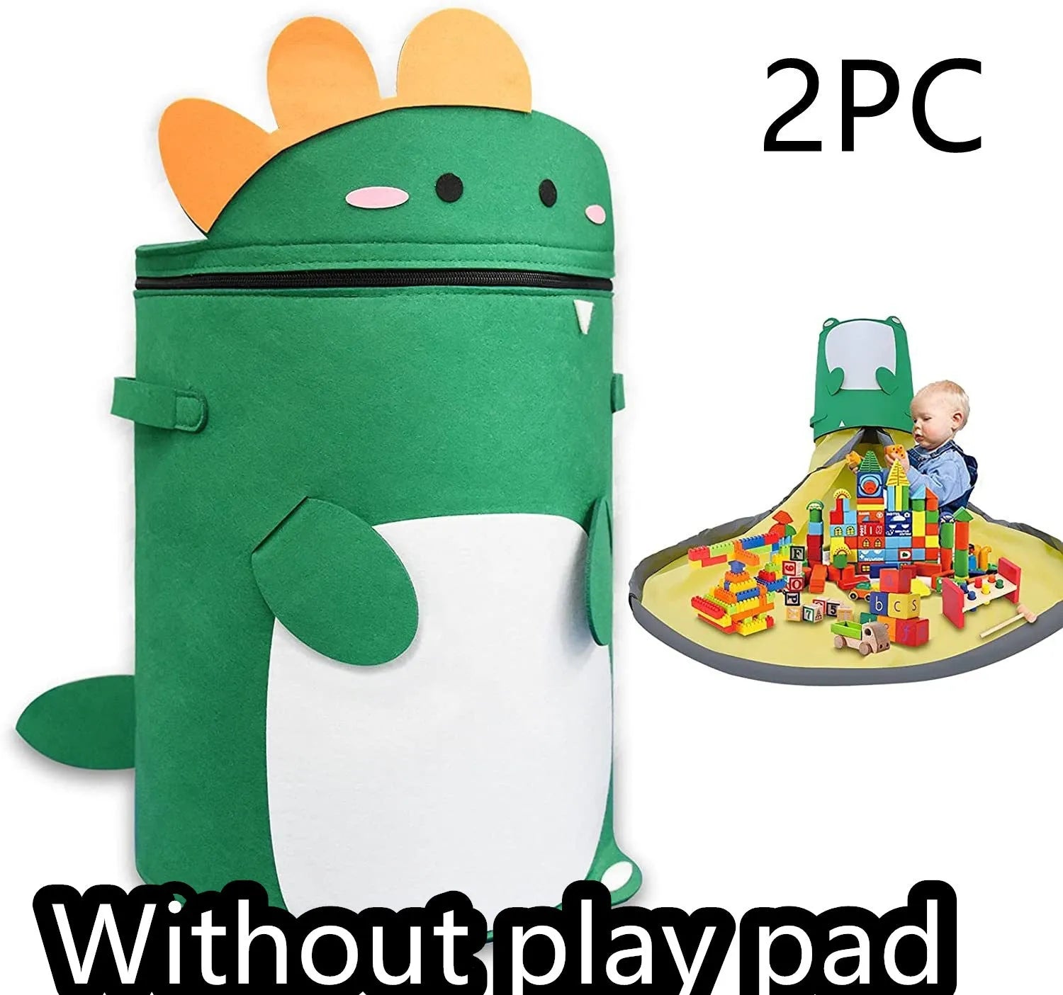 Green felt cube storage bag with pull rope shown as both a toy play mat and closed storage container