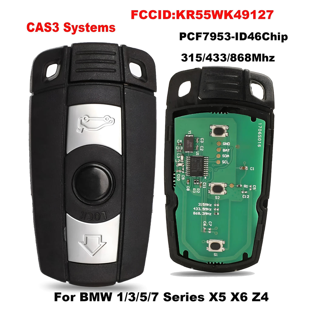 BMW CAS3 semi-intelligent remote car key fob with three blank metal blades attached.